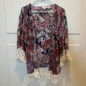 Umgee Paisley Print Kimono Fringe Trim‎ Womens M/L Bohemian Festival Boho Duster